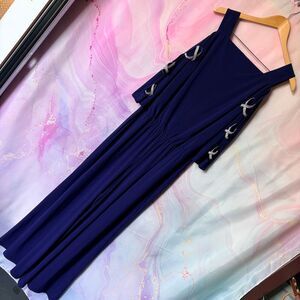 MSK 1X Navy Blue Formal Jumpsuit Rhinestones Open Sleeves Mardi Gras Glam Party